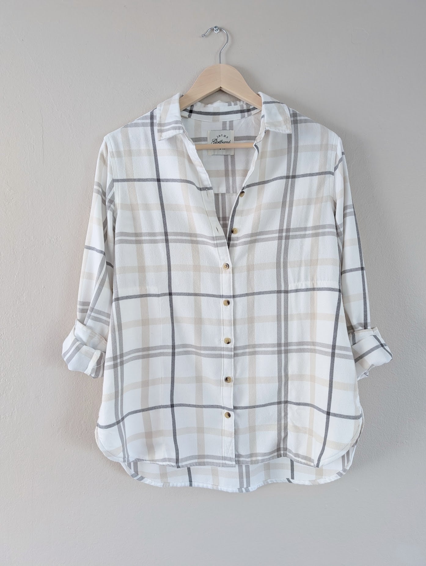 Neutral Soft Button Up Plaid Flannel Shirt (S)
