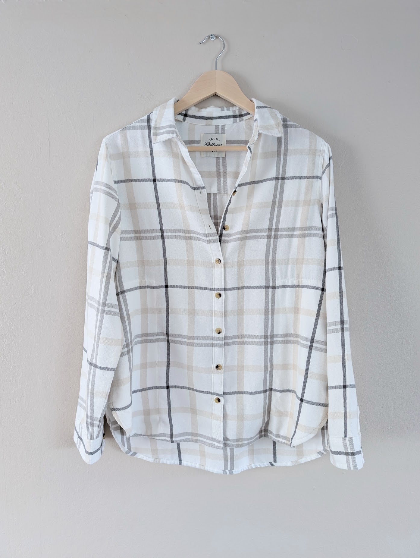 Neutral Soft Button Up Plaid Flannel Shirt (S)