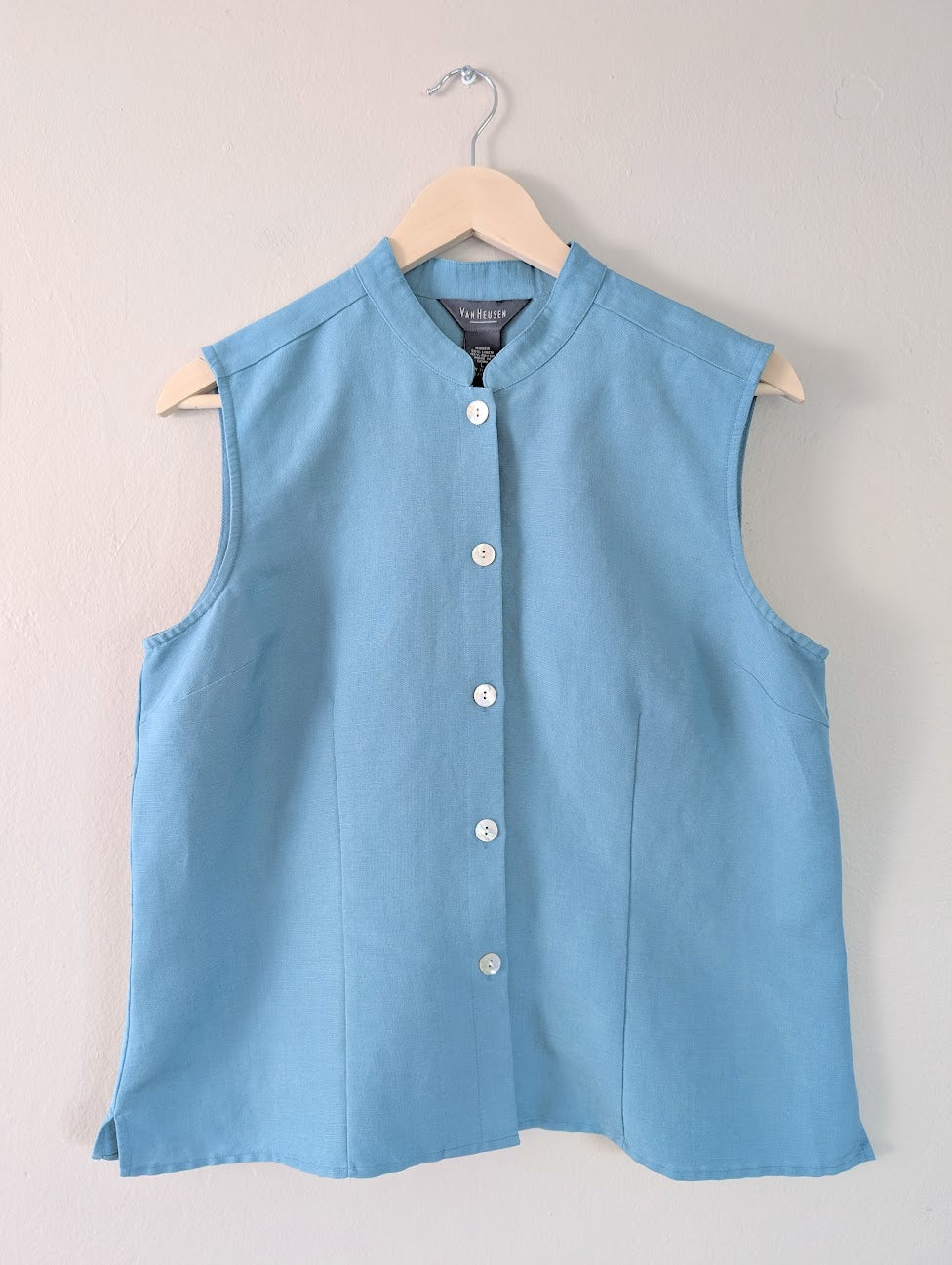 vintage linen blend sleeveless blouse with mother of pearl buttons