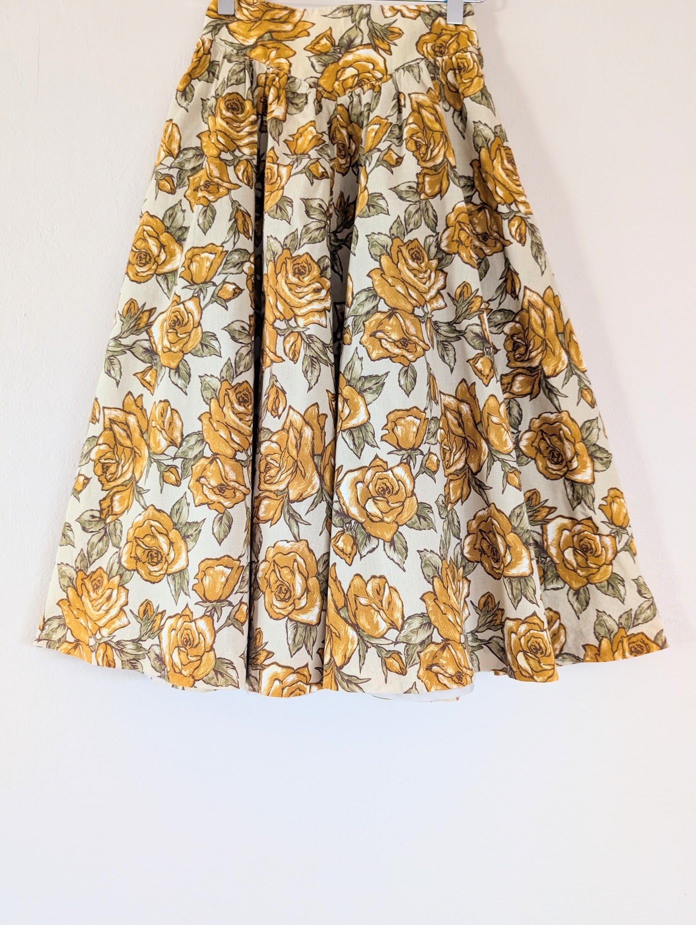 A-Line Basque Waist Midi Skirt with Mustard Floral Print (XS)