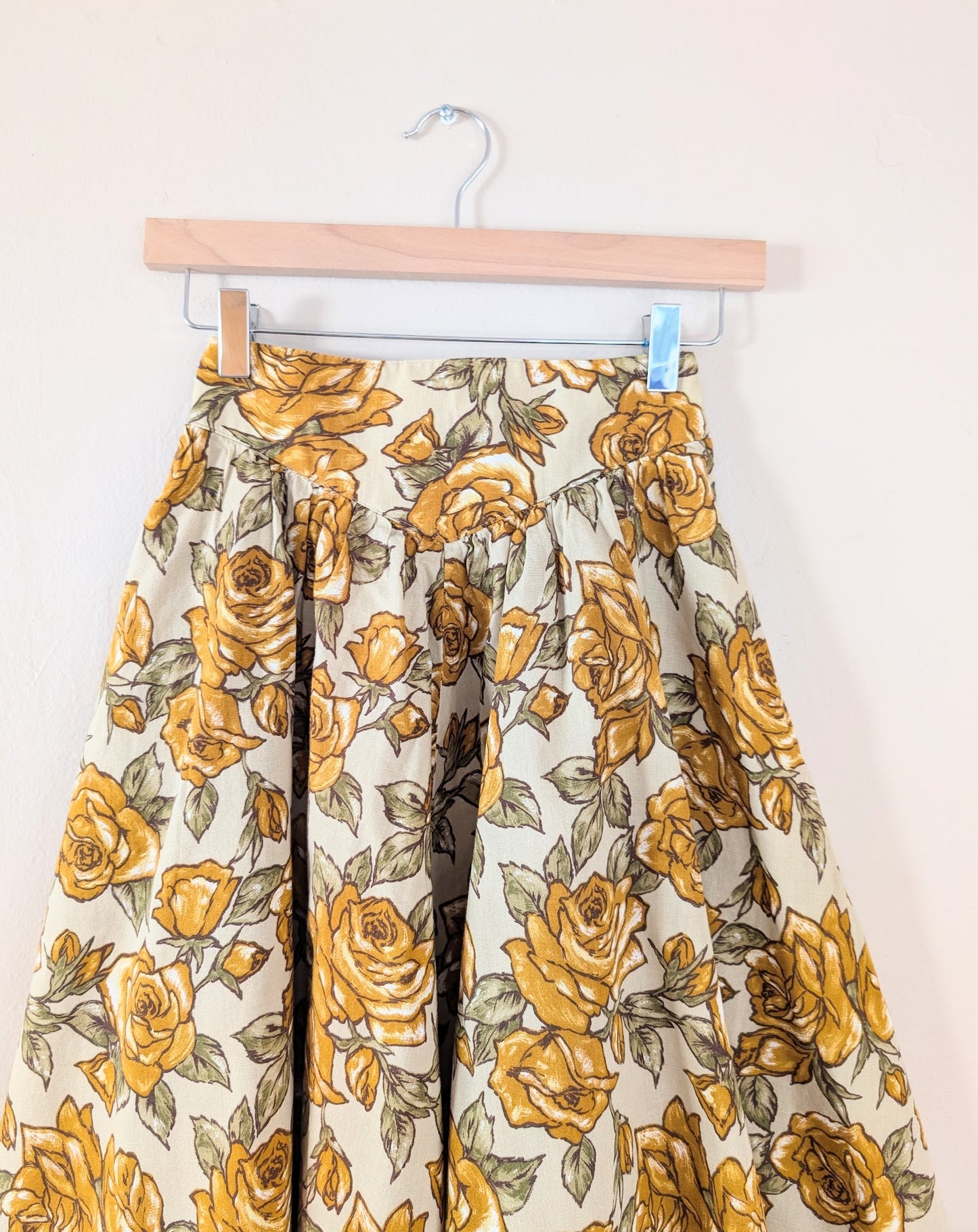 A-Line Basque Waist Midi Skirt with Mustard Floral Print (XS)