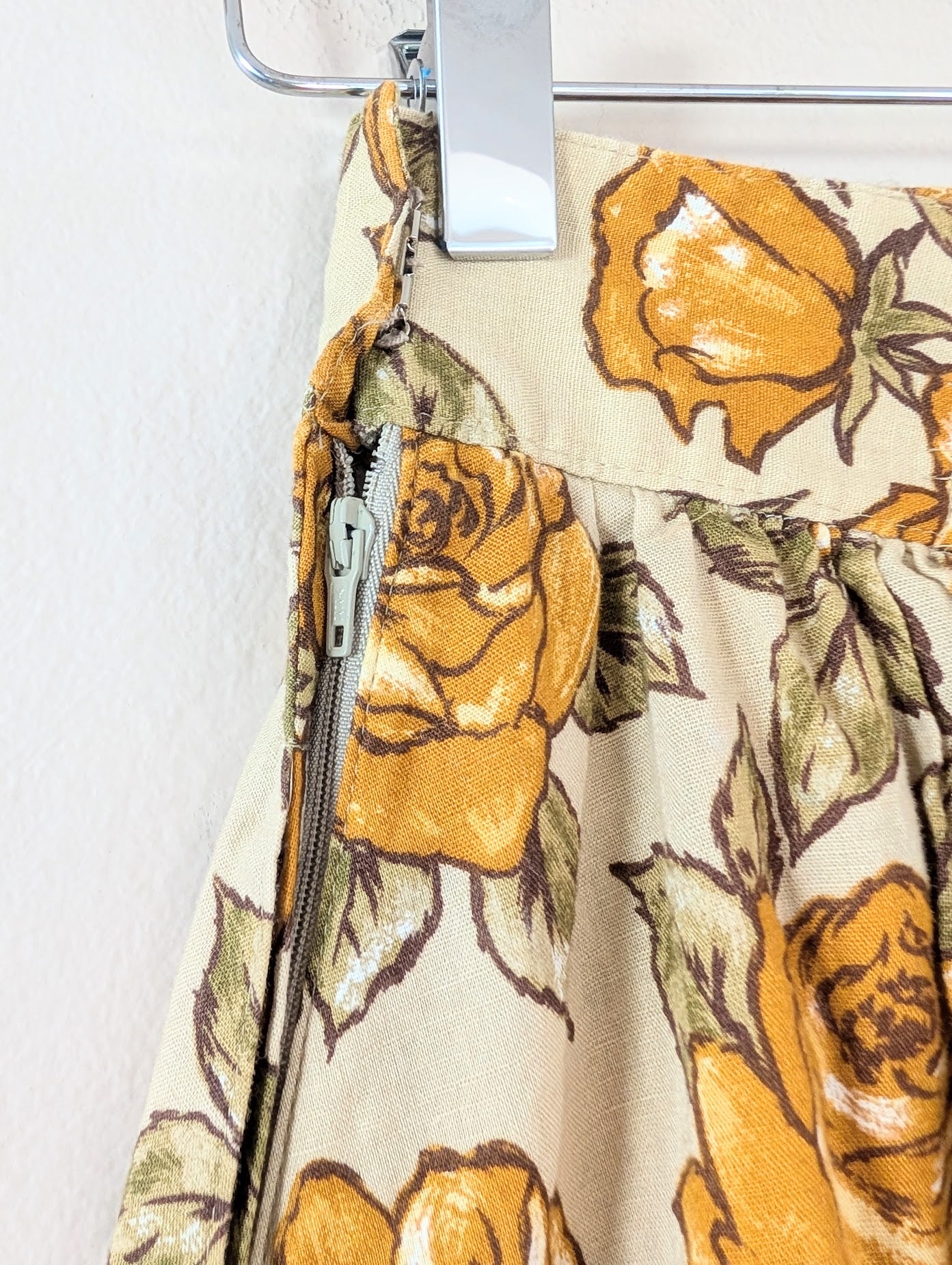 A-Line Basque Waist Midi Skirt with Mustard Floral Print (XS)