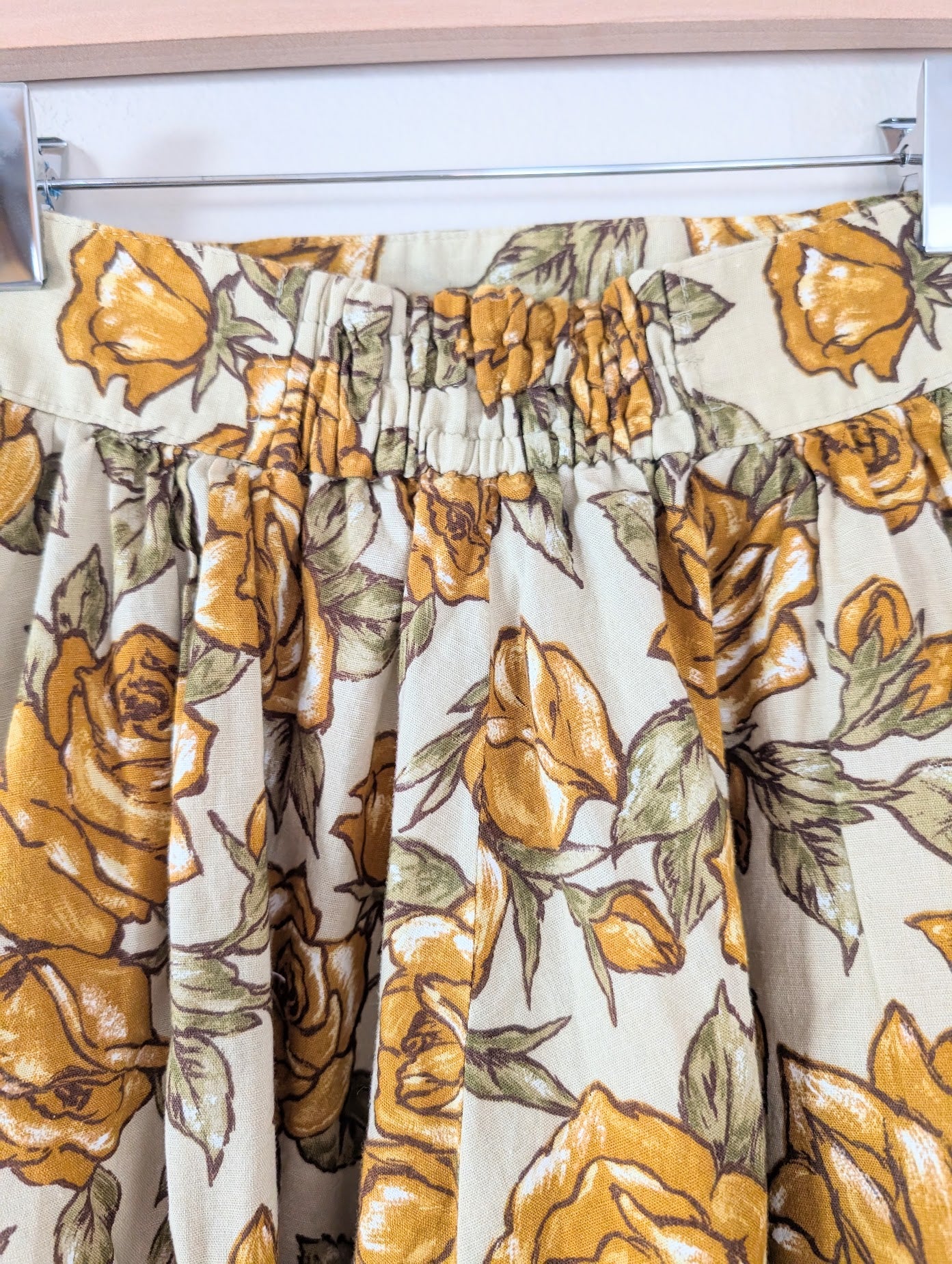 A-Line Basque Waist Midi Skirt with Mustard Floral Print (XS)