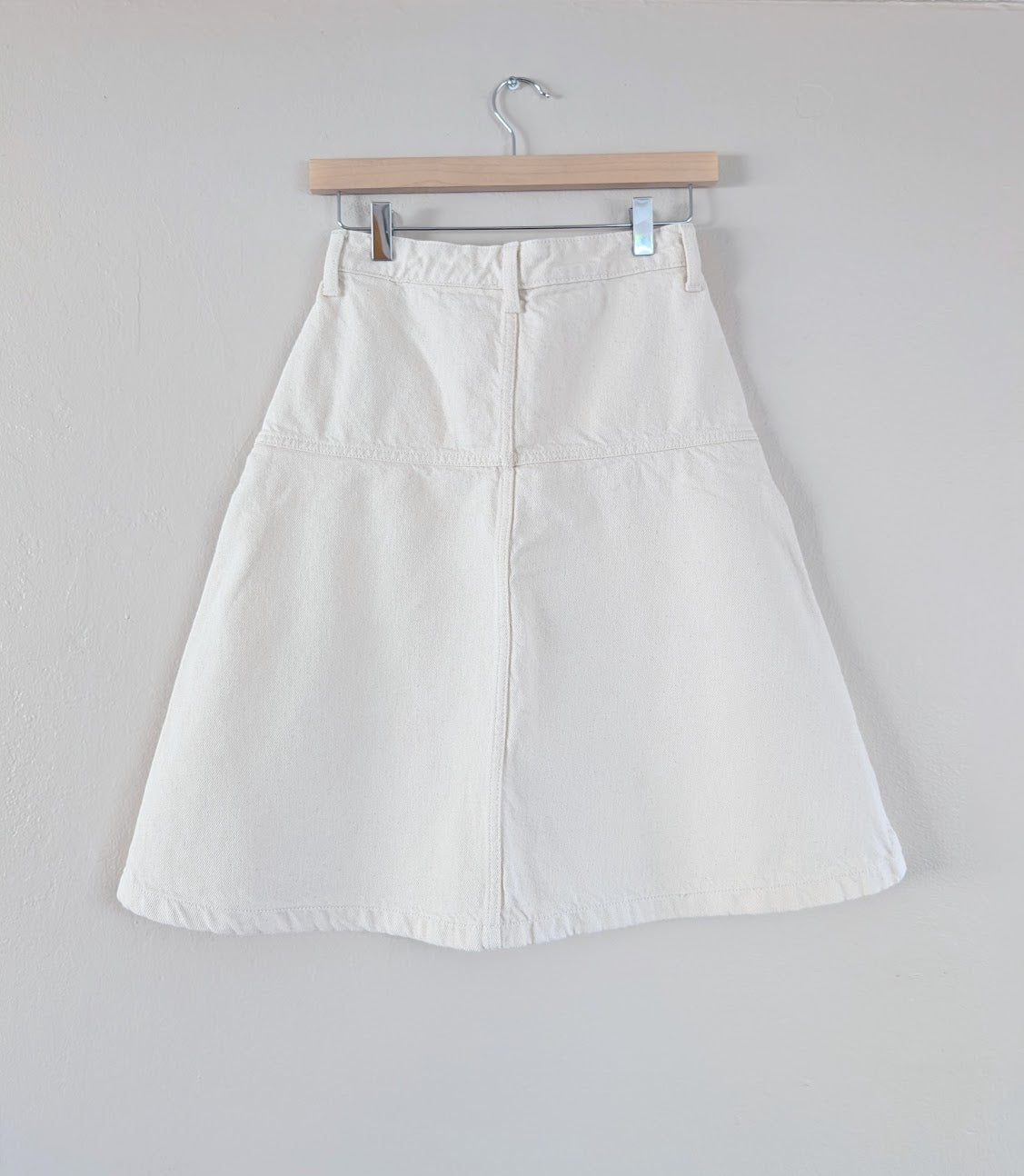 white denim a-line midi skirt