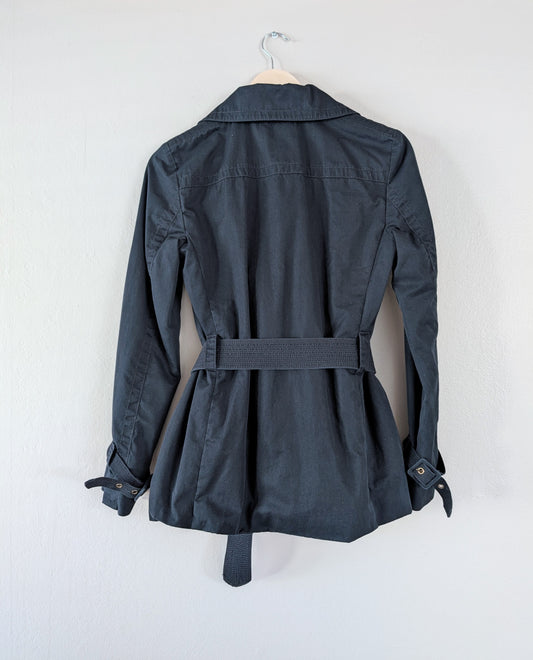 navy blue cropped trench coat