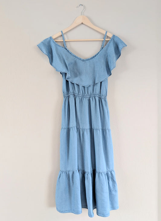 Chambray Tiered Off the Shoulder Maxi Dress (XS)