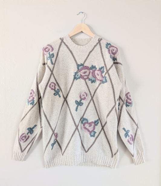 Wool Blend Embroidered Floral Cottagecore Sweater (M)