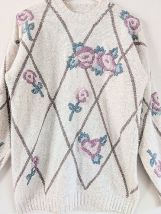 Wool Blend Embroidered Floral Cottagecore Sweater (M)