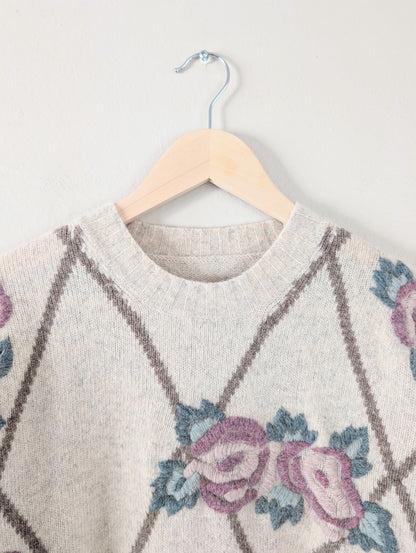 Wool Blend Embroidered Floral Cottagecore Sweater (M)