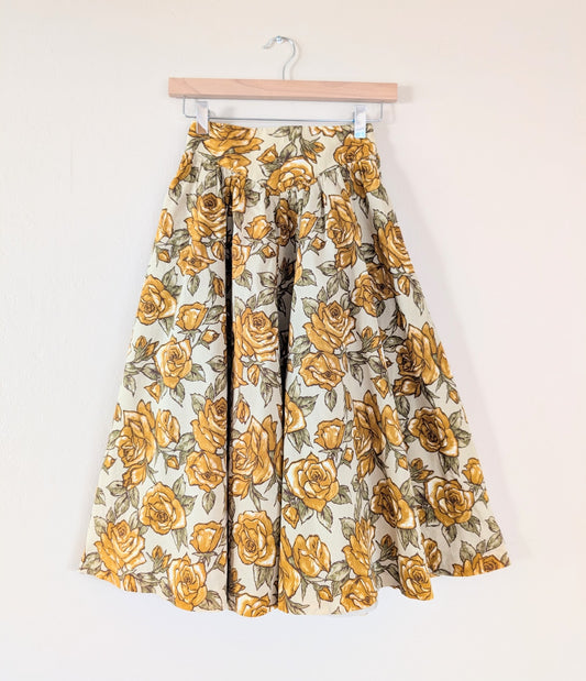 A-Line Basque Waist Midi Skirt with Mustard Floral Print (XS)