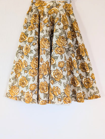 A-Line Basque Waist Midi Skirt with Mustard Floral Print (XS)