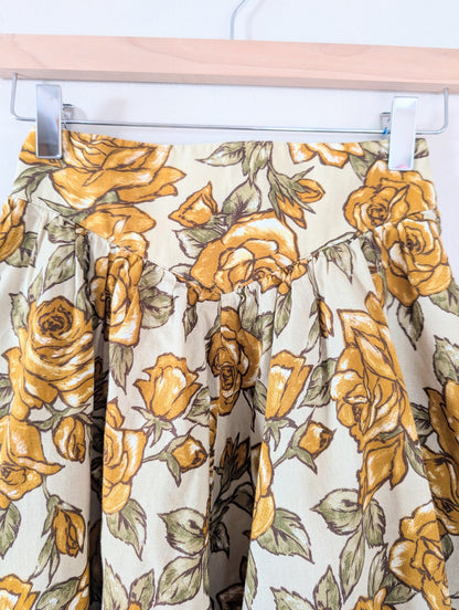 A-Line Basque Waist Midi Skirt with Mustard Floral Print (XS)