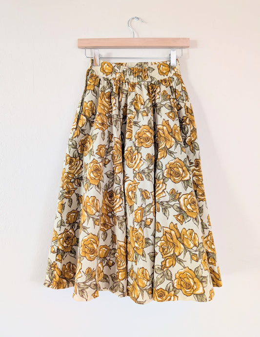 A-Line Basque Waist Midi Skirt with Mustard Floral Print (XS)