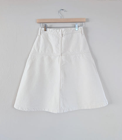 white denim a-line midi skirt