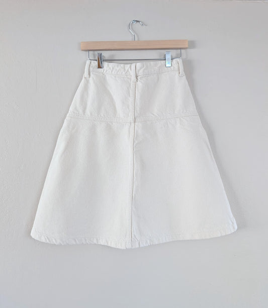 white denim a-line midi skirt